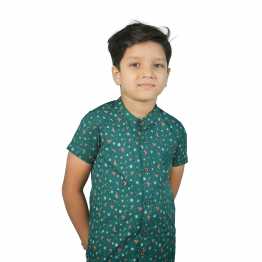 "Green All Over Print Stylish  Boys' Short Sleeve Shirt Band Collar"